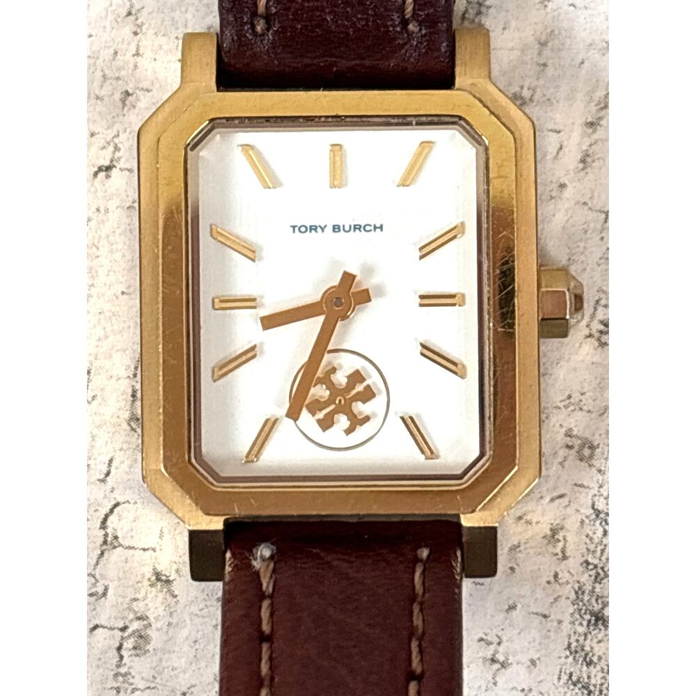 Tory Burch Robinson TBW1503 Womens Brown Leather Gold Crystal Rectangular Watch